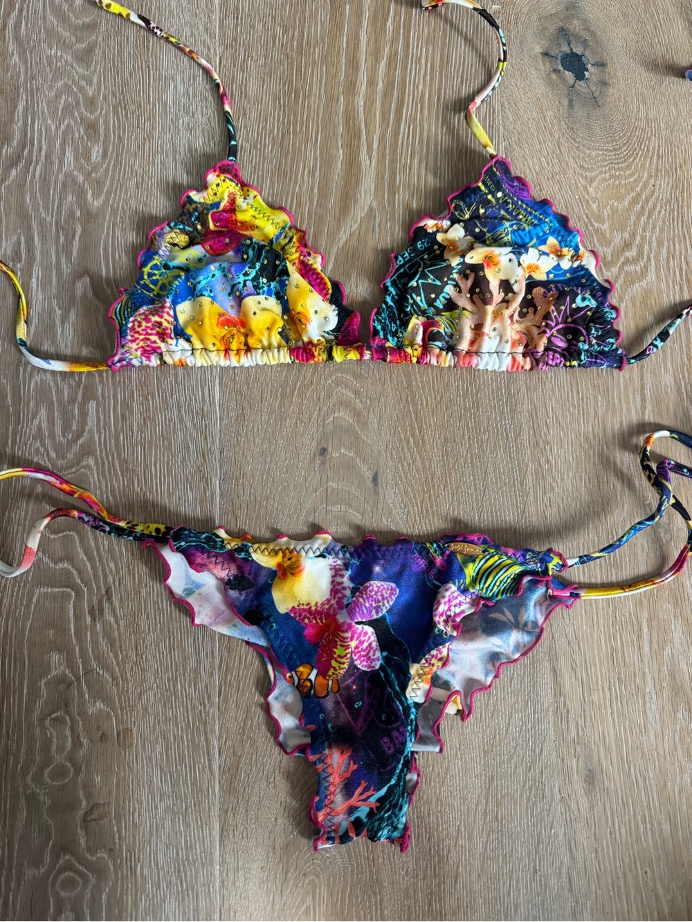 Luli Fama Crystallized Bikini Lettuce Edge size XS bottom M Top